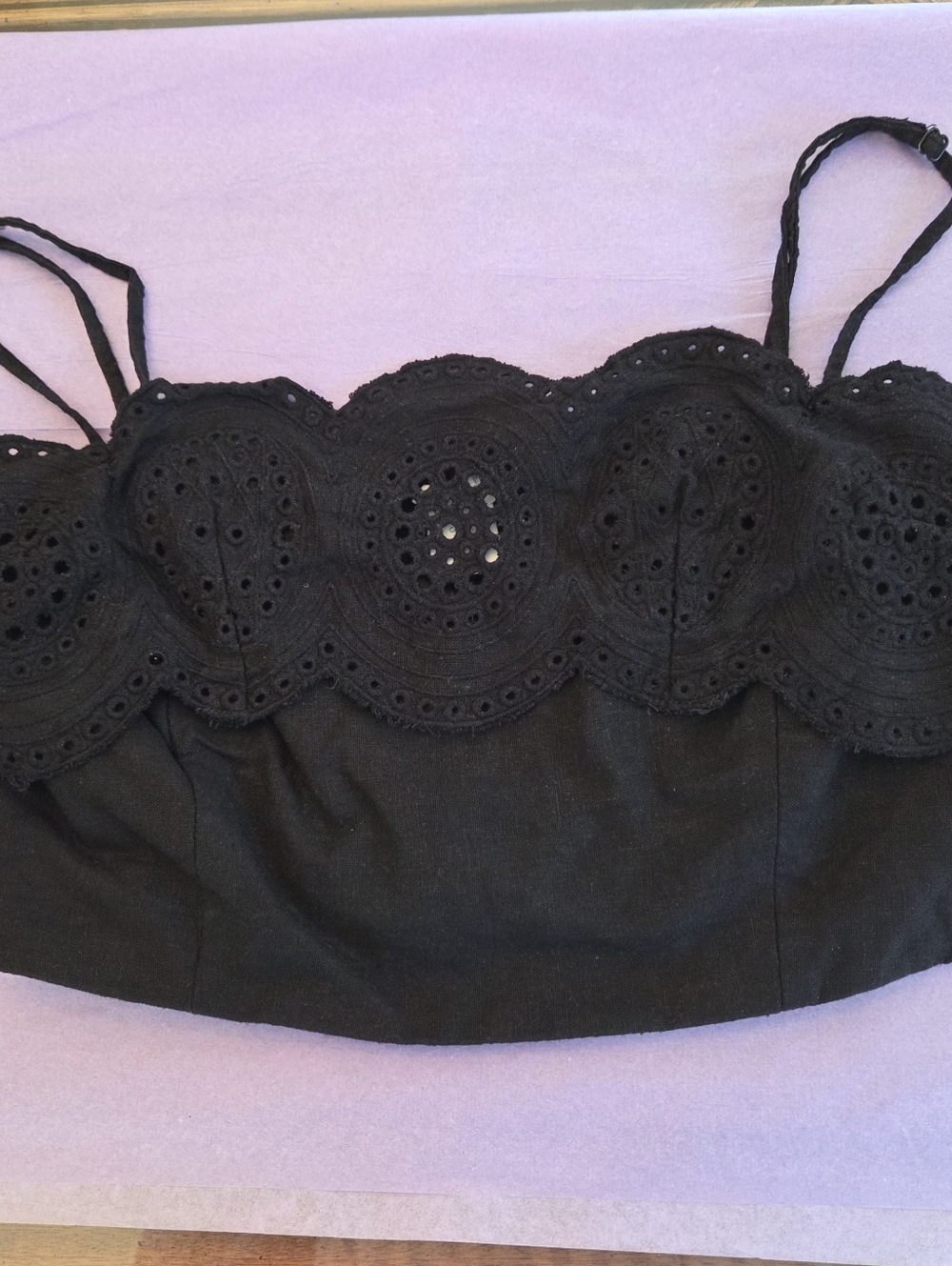 Sigrid Olsen Linen Crop Top Artisan Crafted Eyelet Scalloped Black L Smock Back - Picture 3 of 11